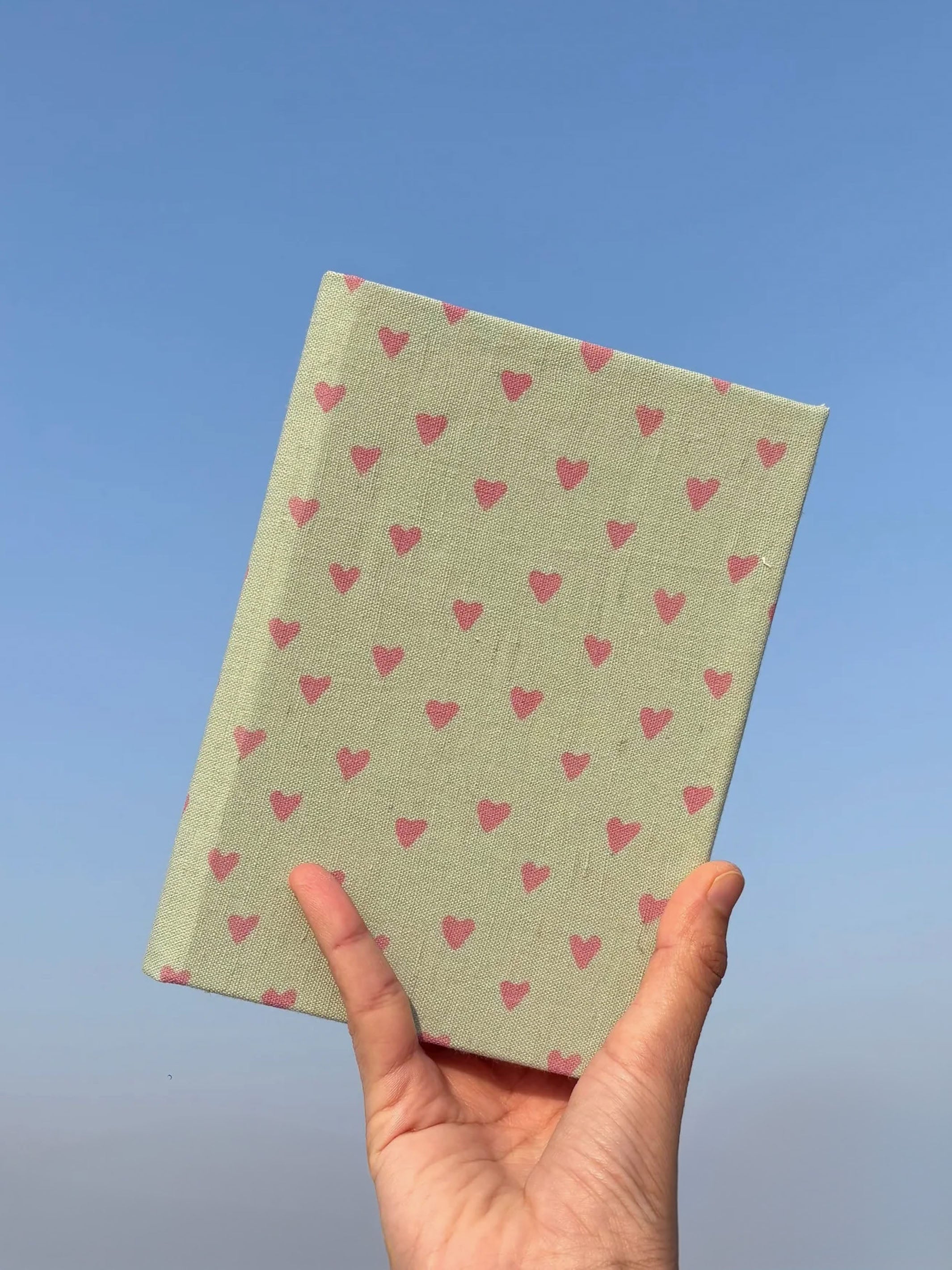 Handcrafted Sustainable A5 Diary Journal Notebook l Handmade Paper l Pink Hearts on Green