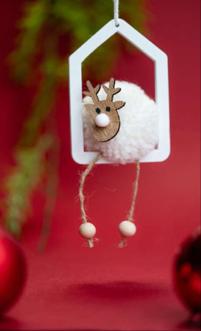 White Reindeer in House Frame Hanging Ornament_CC73