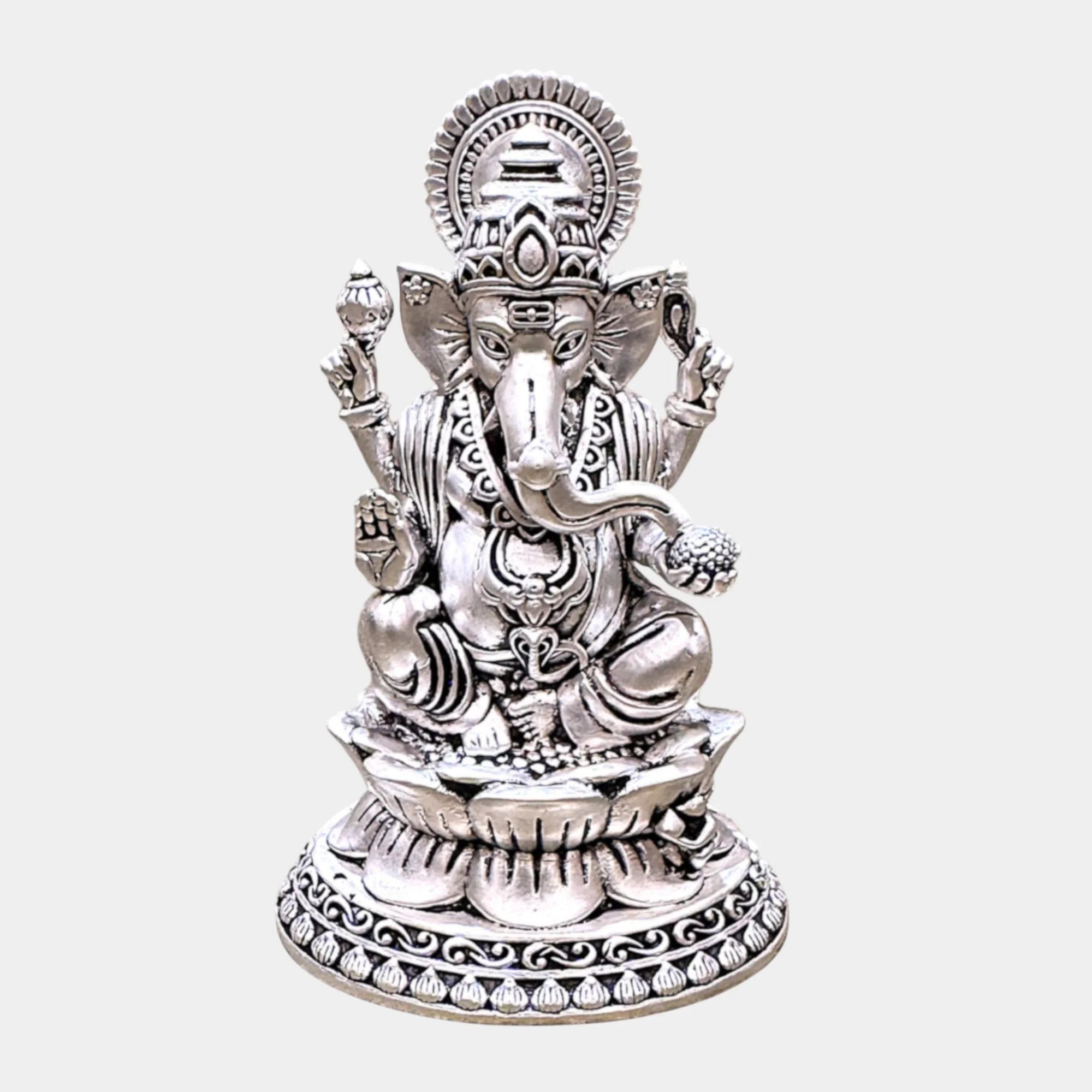 Silver Lord Ganesha idol with intricate detailing, featured on Sabera store homepage