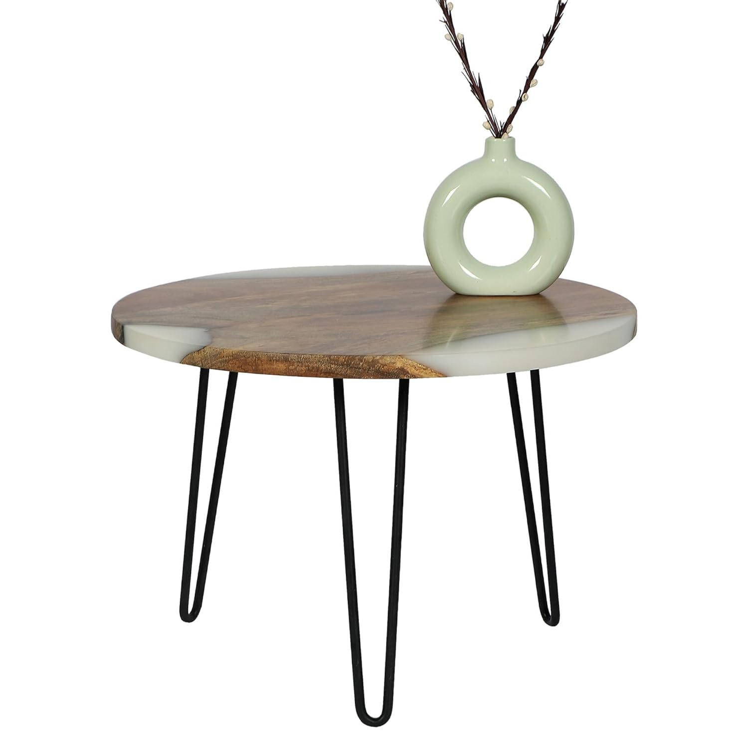 Round Side Table with Hairpin Legs, Wooden and Resin Top with Metal Base