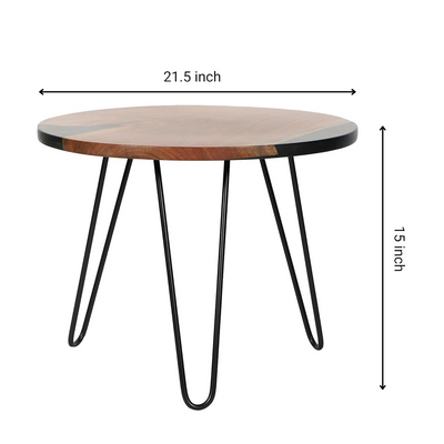 Round Side Table with Hairpin Legs, Wooden and Resin Top with Metal Base