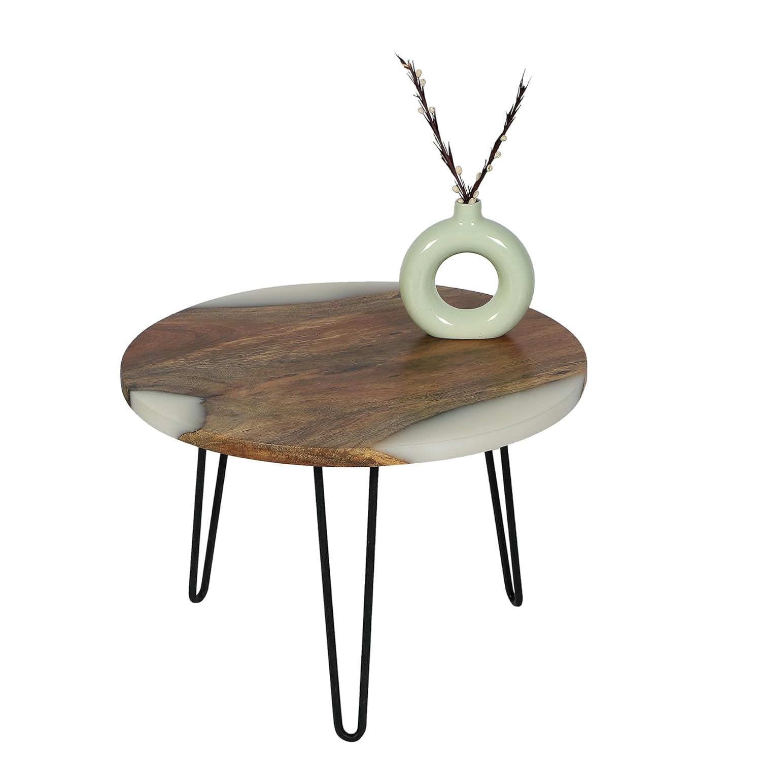 Round Side Table with Hairpin Legs, Wooden and Resin Top with Metal Base