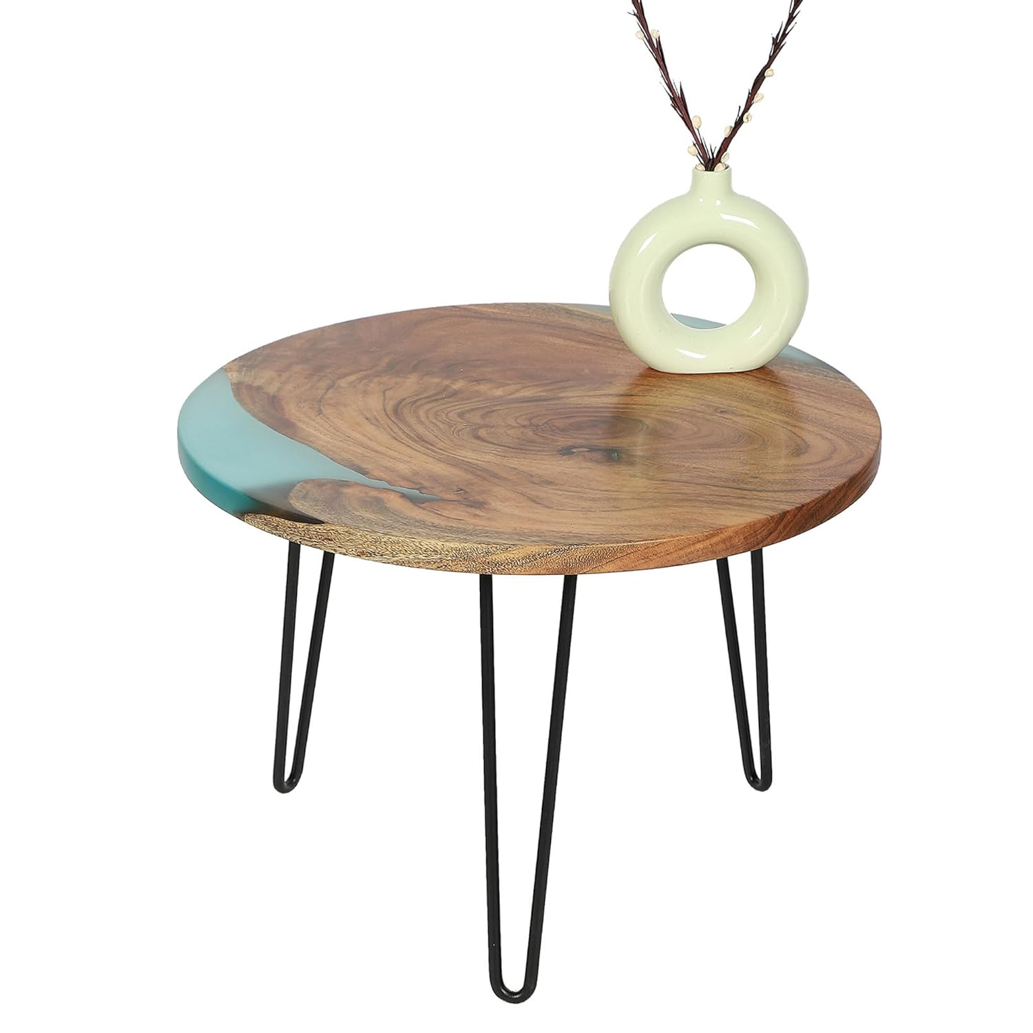 Round Side Table with Hairpin Legs, Wooden and Resin Top with Metal Base
