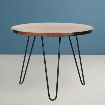Round Side Table with Hairpin Legs, Wooden and Resin Top with Metal Base