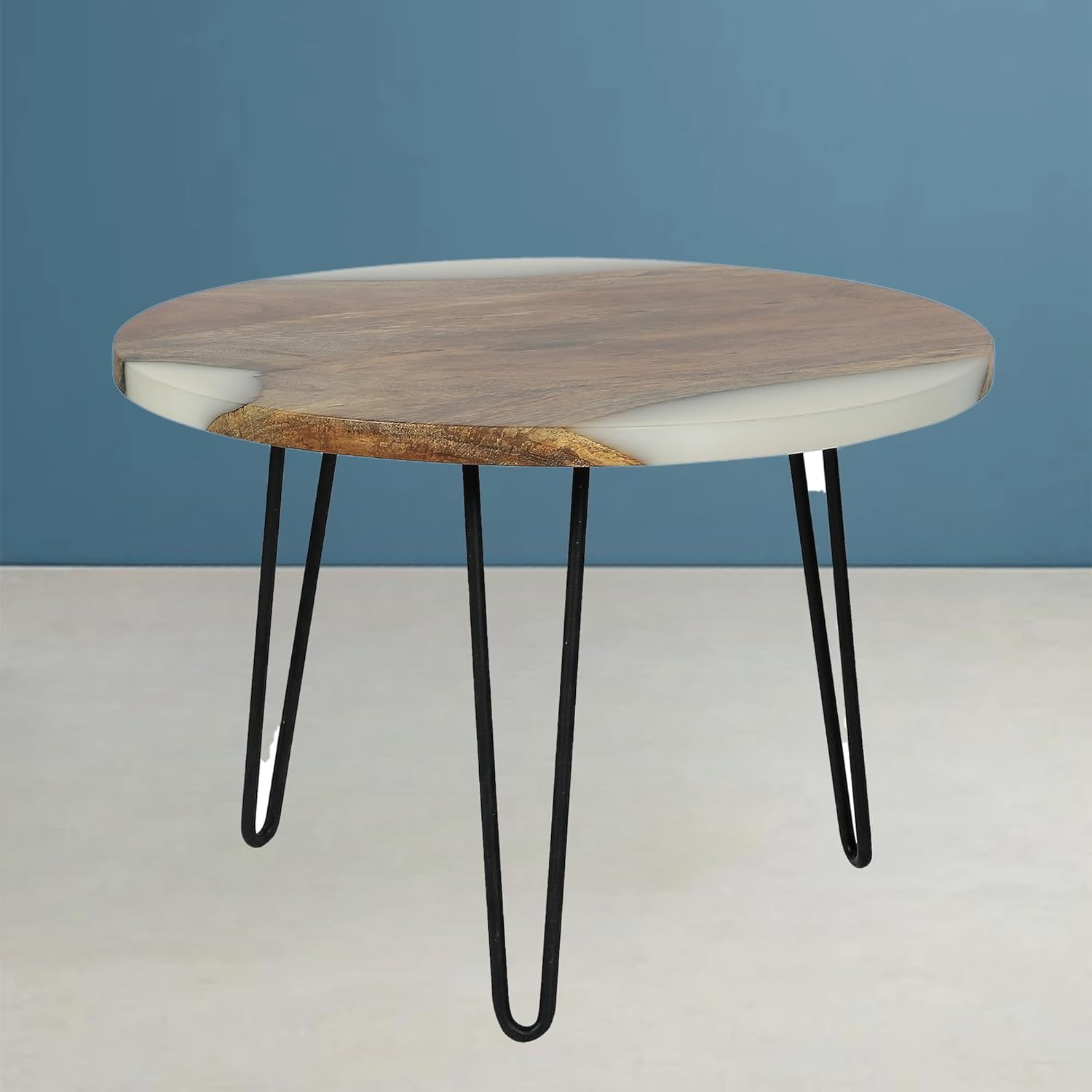 Round Side Table with Hairpin Legs, Wooden and Resin Top with Metal Base
