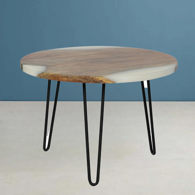 Round Side Table with Hairpin Legs, Wooden and Resin Top with Metal Base