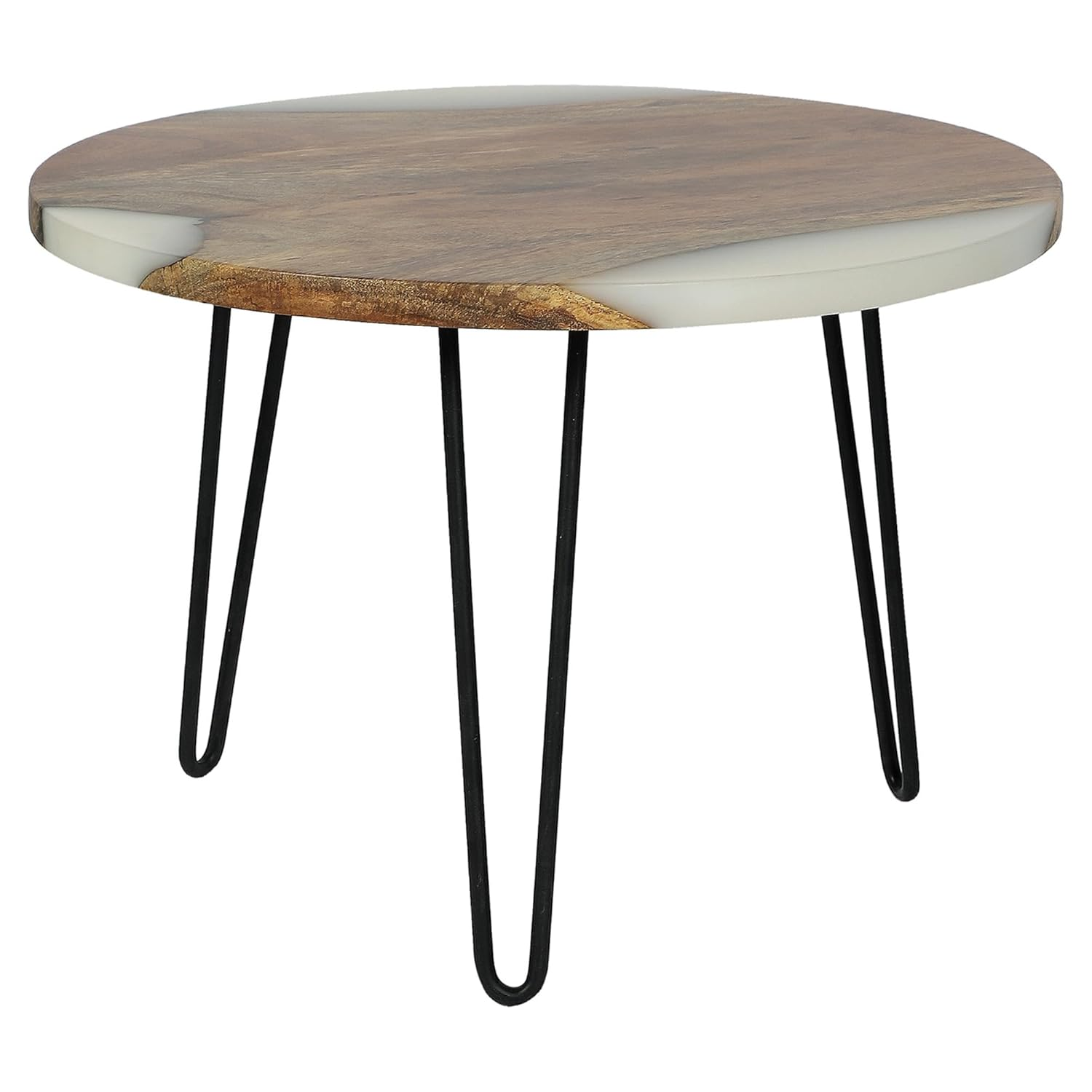 Round Side Table with Hairpin Legs, Wooden and Resin Top with Metal Base