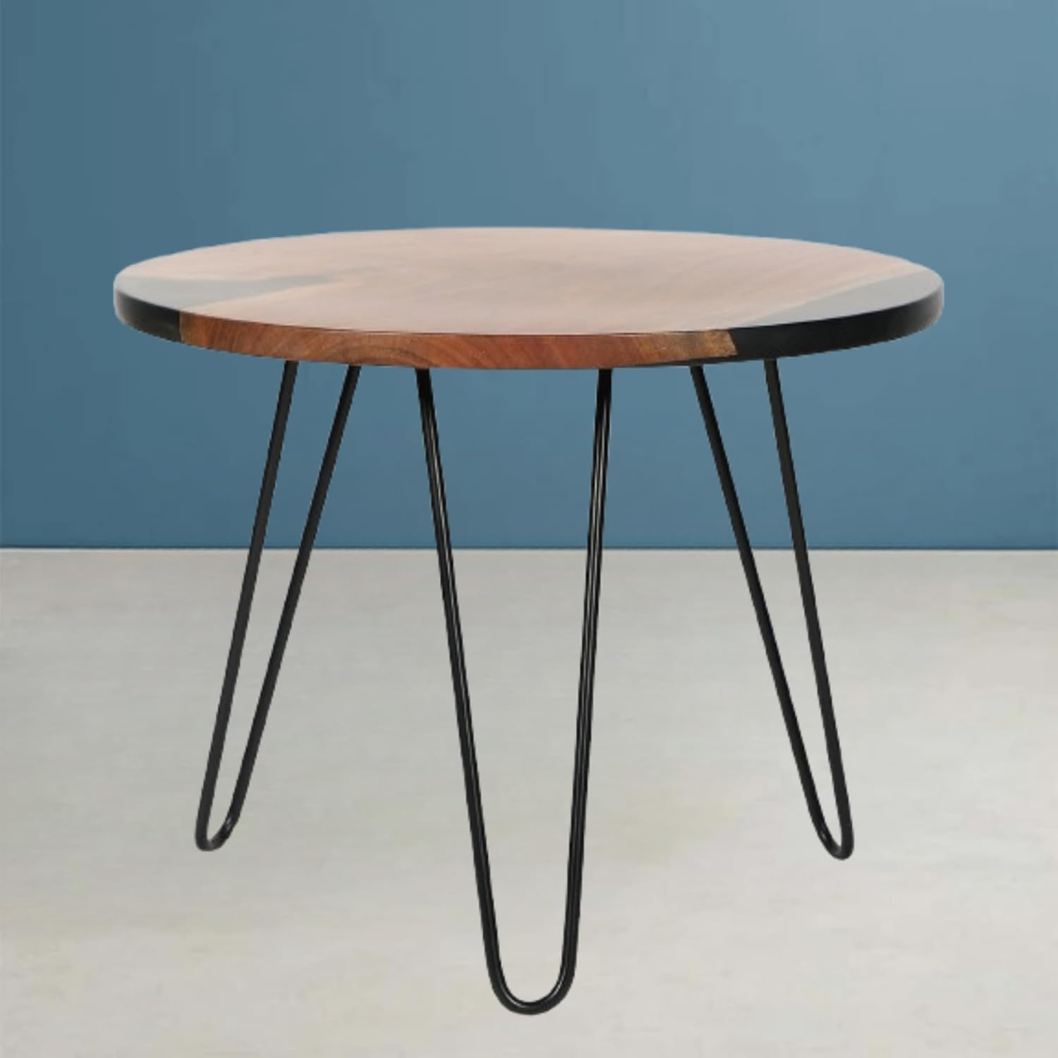 Round Side Table with Hairpin Legs, Wooden and Resin Top with Metal Base