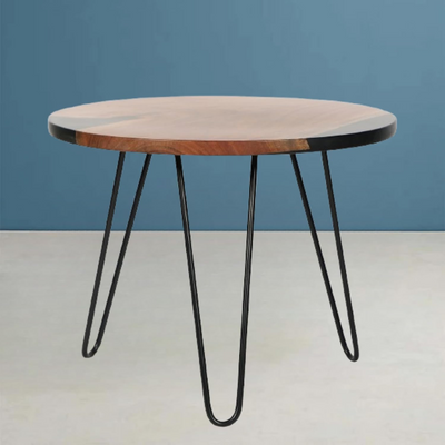 Round Side Table with Hairpin Legs, Wooden and Resin Top with Metal Base