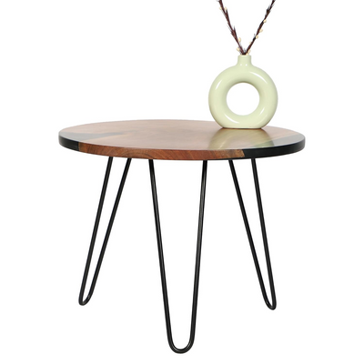 Round Side Table with Hairpin Legs, Wooden and Resin Top with Metal Base