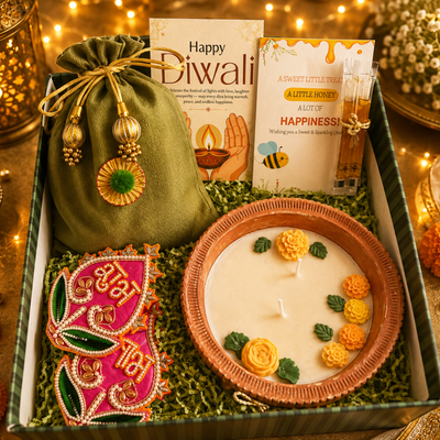 Harit Diwali Celebration Gift Box | Terracotta Candle & Shubh Labh Potli - https://artecasa.in/