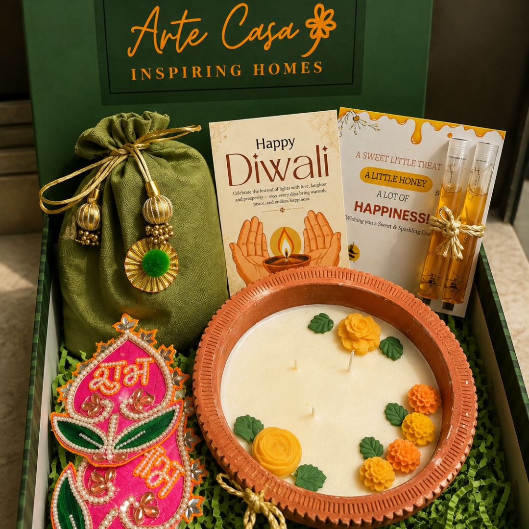 Harit Diwali Celebration Gift Box | Terracotta Candle & Shubh Labh Potli - https://artecasa.in/