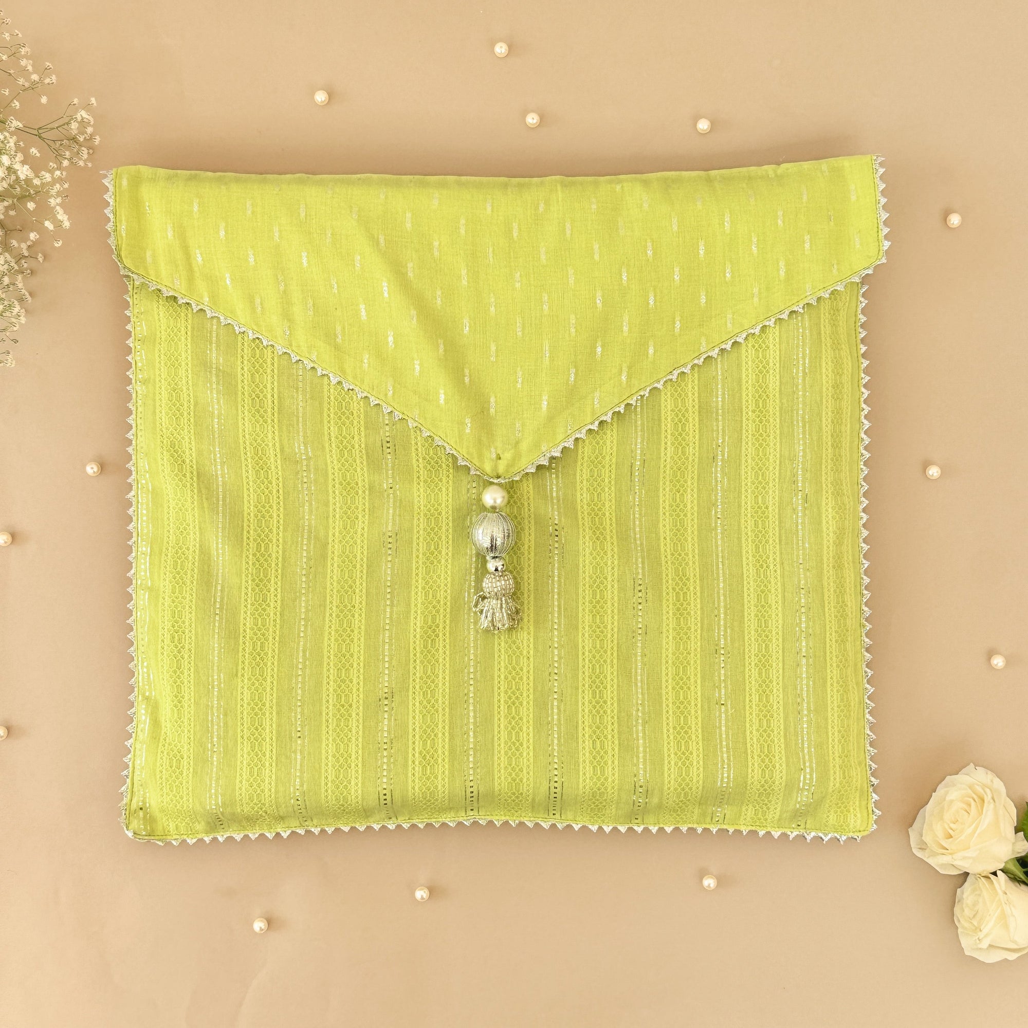 Green & Silver-Striped Saree/Stole Cases