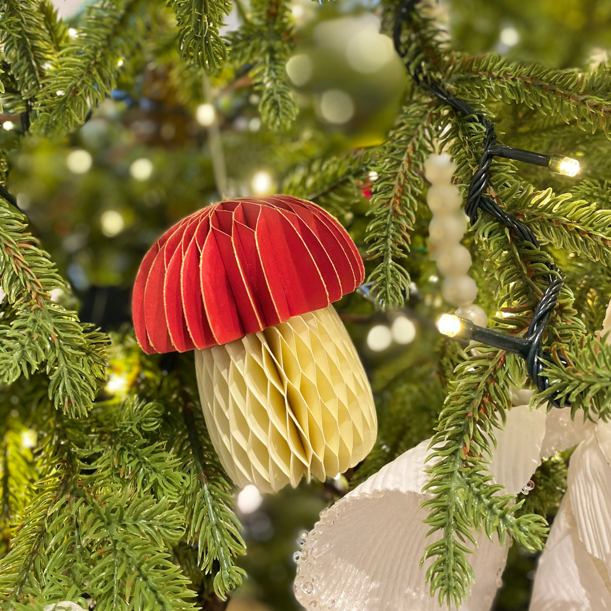 Red & Off-White Two Tone Paper Mushroom Decoration Set of 6