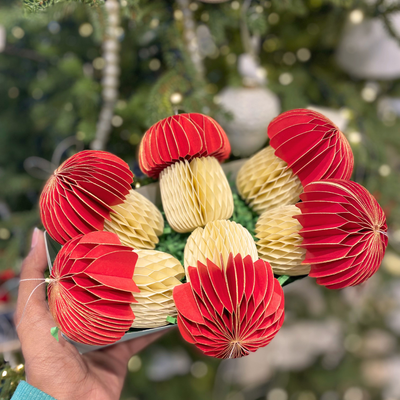 Red & Off-White Two Tone Paper Mushroom Decoration Set of 6