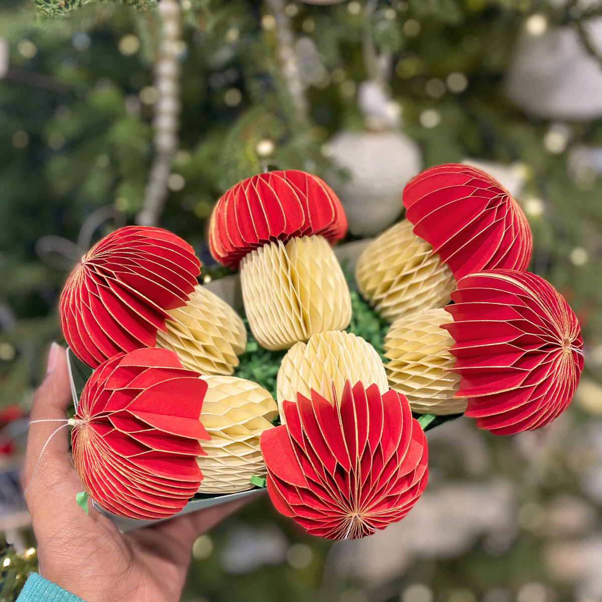 Red & Off-White Two Tone Paper Mushroom Decoration Set of 6