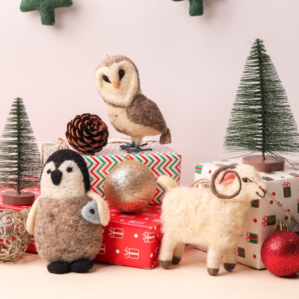 Christmas Hanging Felt Ornaments (Owl + Ram + Penguin)