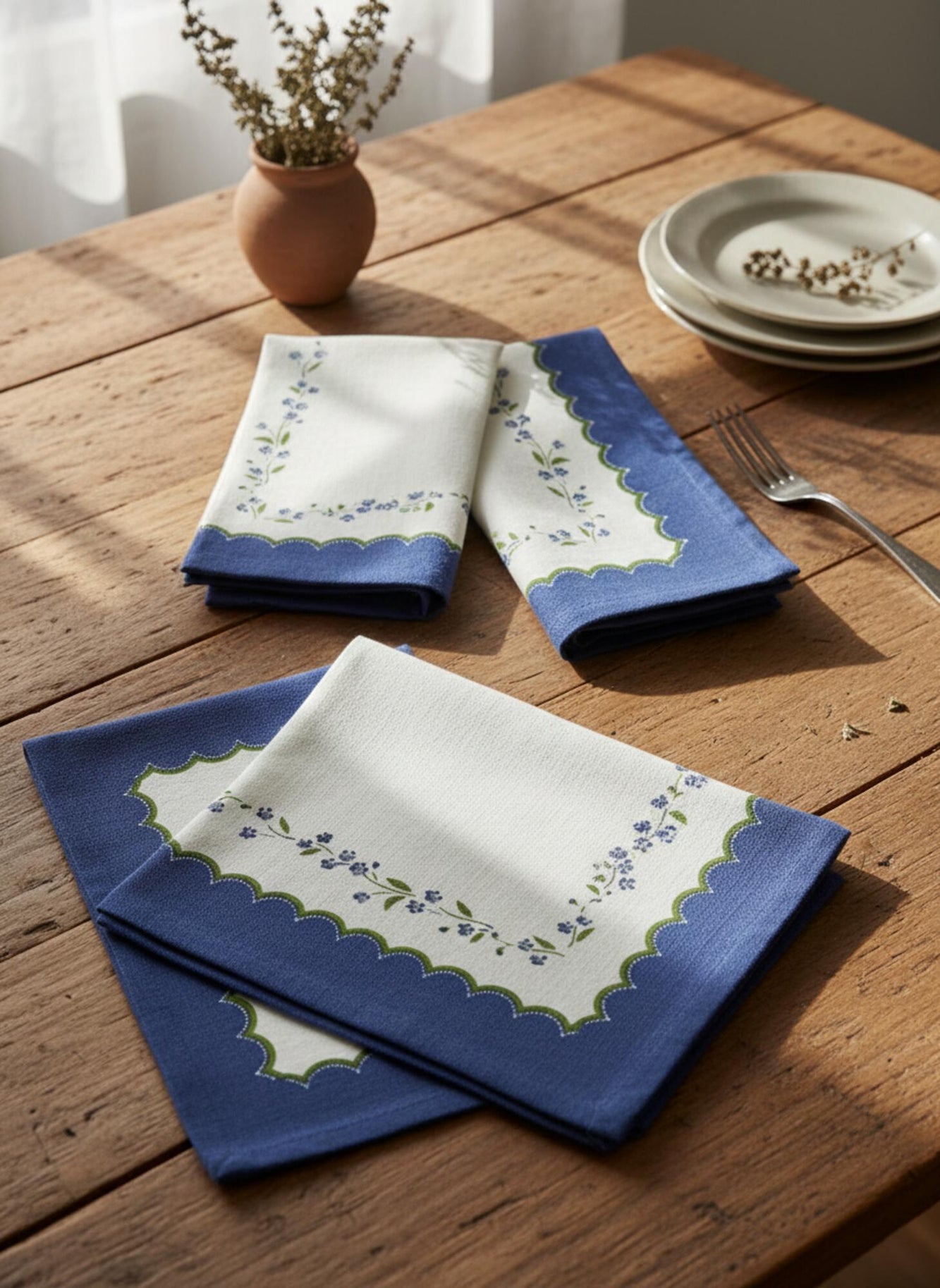 Blue Meadow Scallop Printed Cotton Napkins