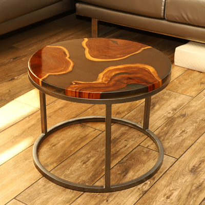 Nesting Table Set of 2 – Teak Wood with Round Grey