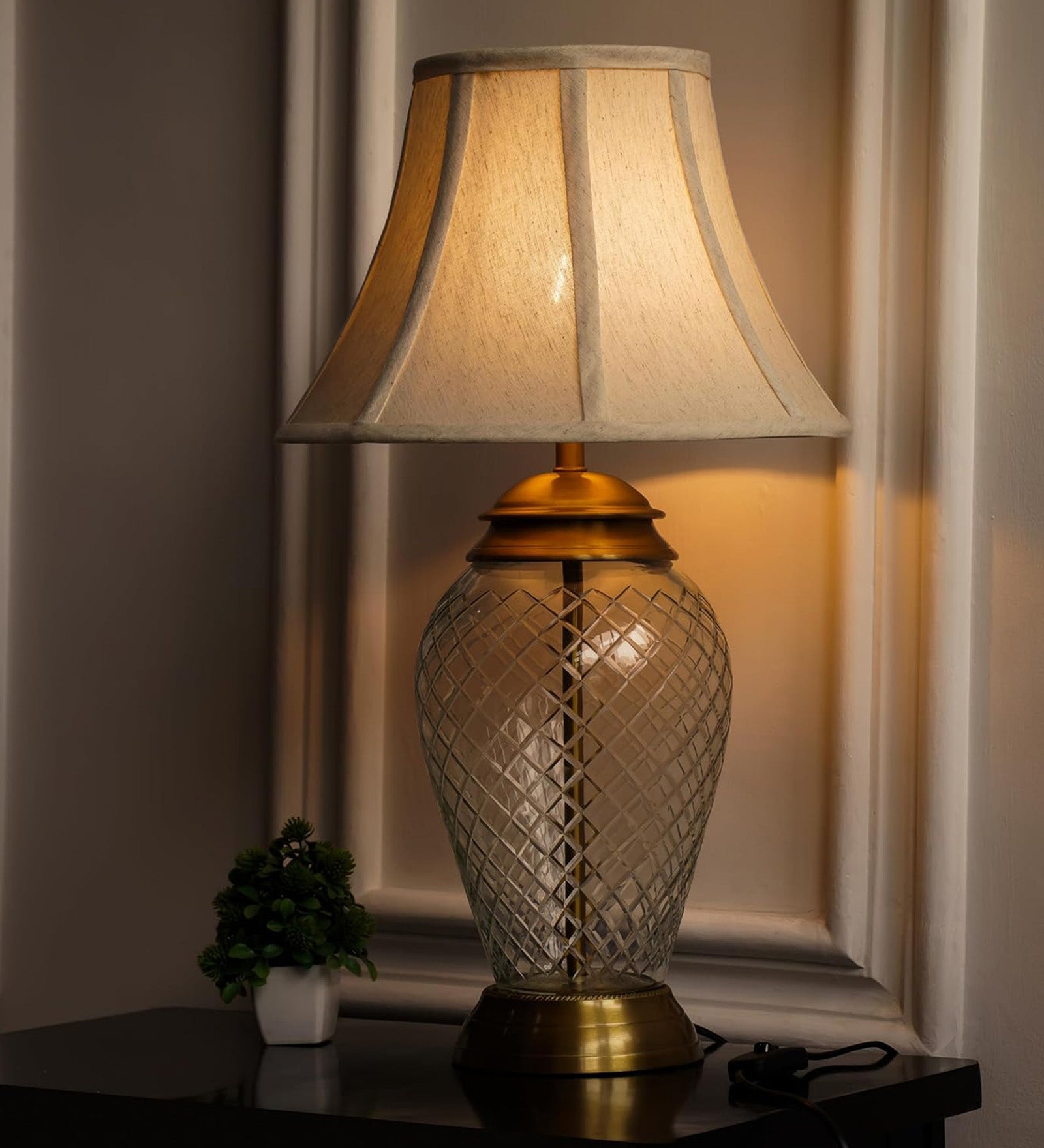Diamond-Cut Glass Table Lamp, Antique Brass (23") – Bell Shade