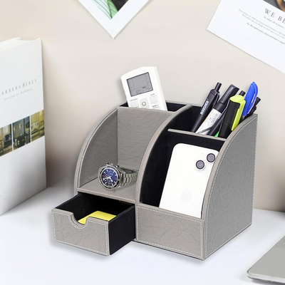 Leather Desk Organizer with Drawer – 4-Compartment