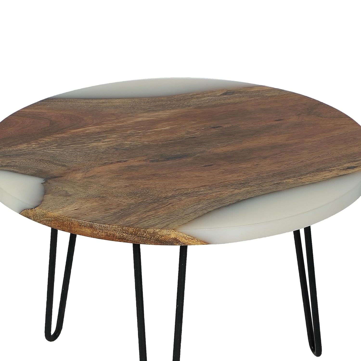 Round Side Table with Hairpin Legs, Wooden and Resin Top with Metal Base