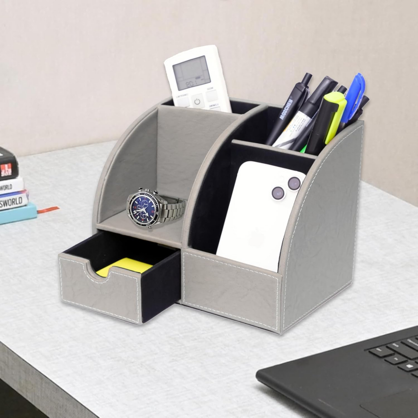 Leather Desk Organizer with Drawer – 4-Compartment