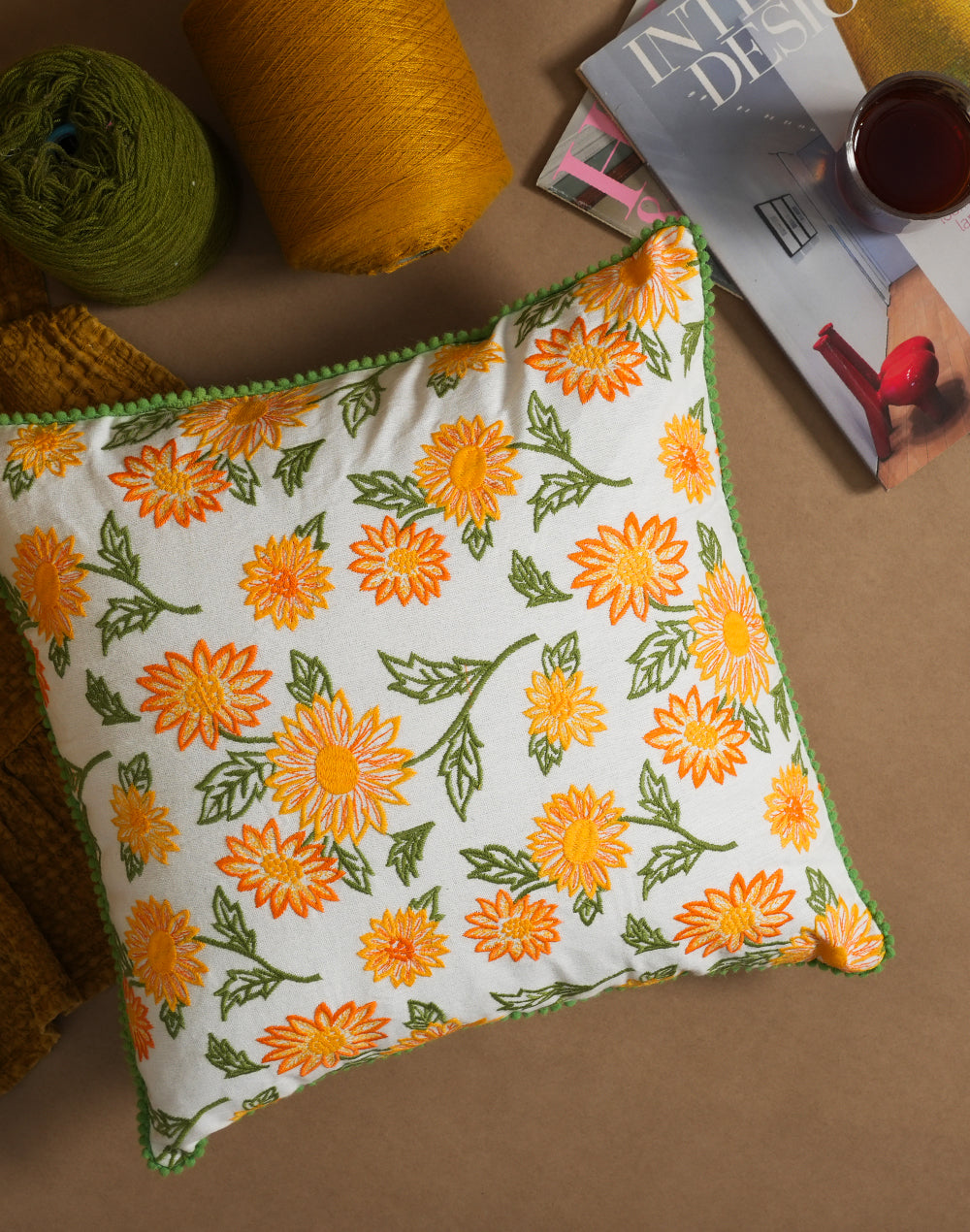 Set Of 2 - Yellow Cotton Embroidery Cushion Cover - 16"X16"