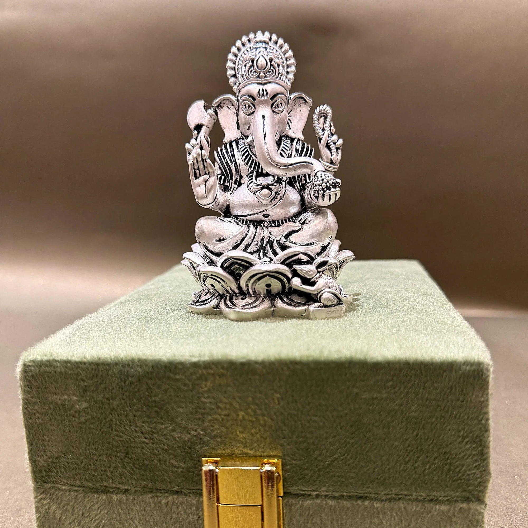 Silver Ganesh idol on green velvet box, Sabera spiritual home decor centerpiece