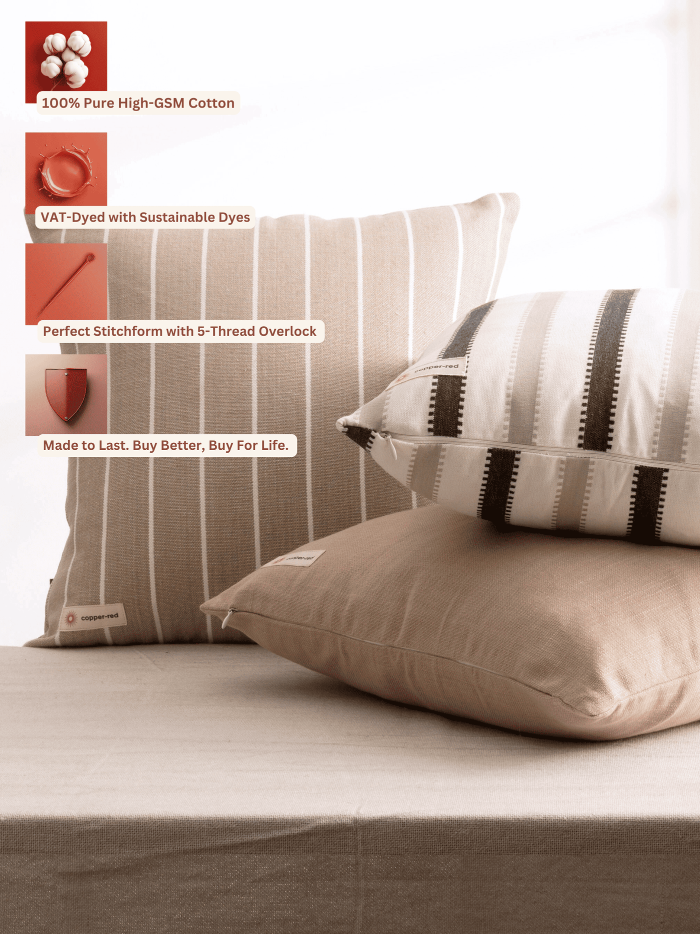 Atacama Brown & White Striped Cotton Cushion Cover