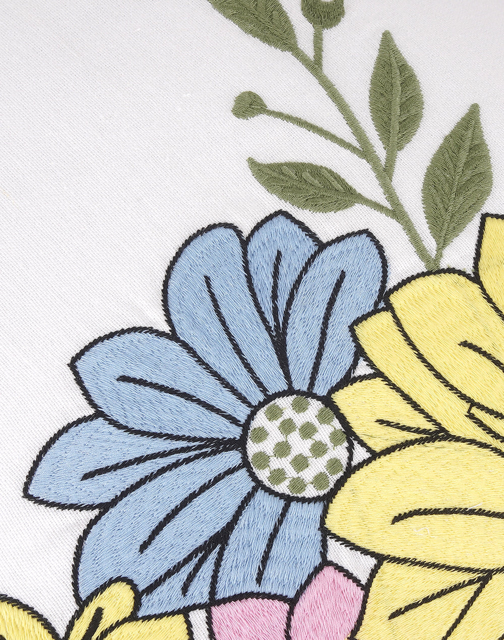 Set Of 2 - Off White Floral Embroidery Cotton Cushion Cover  - 16"X16"