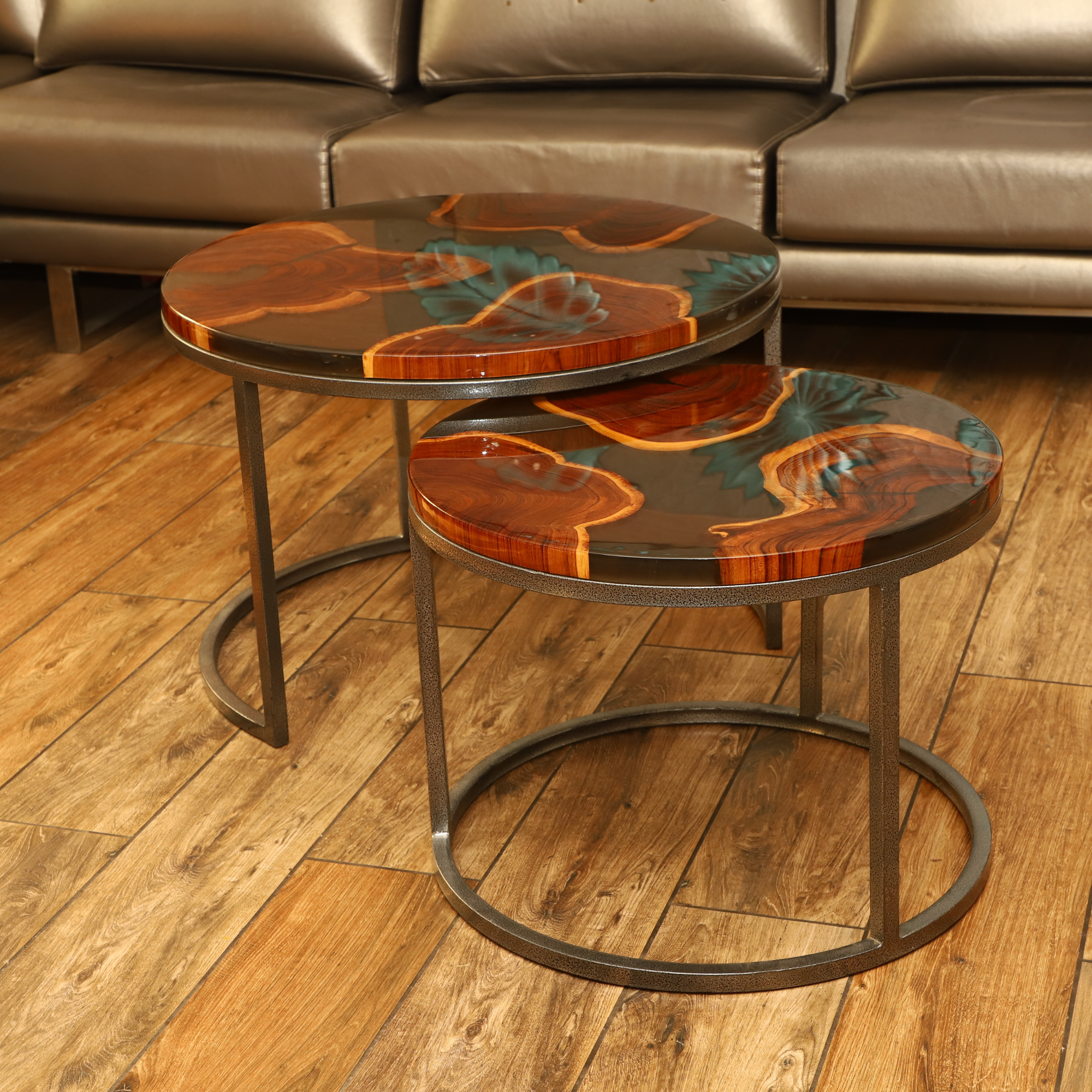 Nesting Table Set of 2 – Teak Wood with Round Grey
