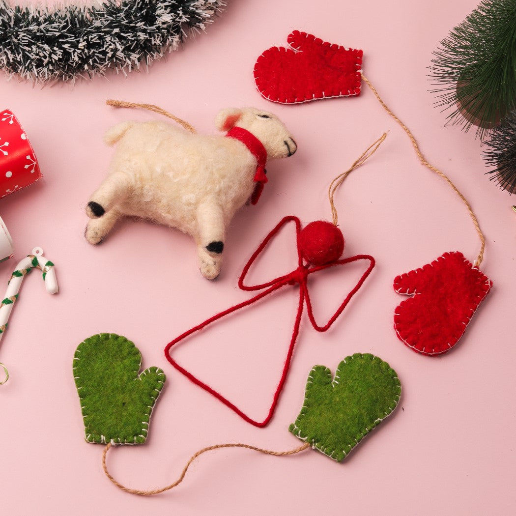 Christmas Hanging Felt Ornaments (Bethlehem Sheep + Angel + 2 Mittens)