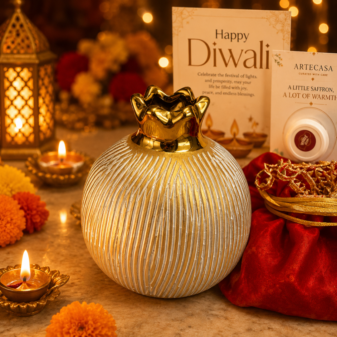 Utsav Jute Net Festive Gift Basket | Red Potli, Pomegranate & Soy Wax Candle - https://artecasa.in/