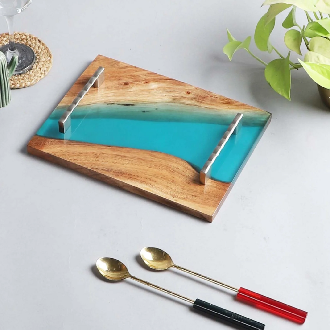 Elegant Wooden Tray - Aqua Resin Design (12" x 9")