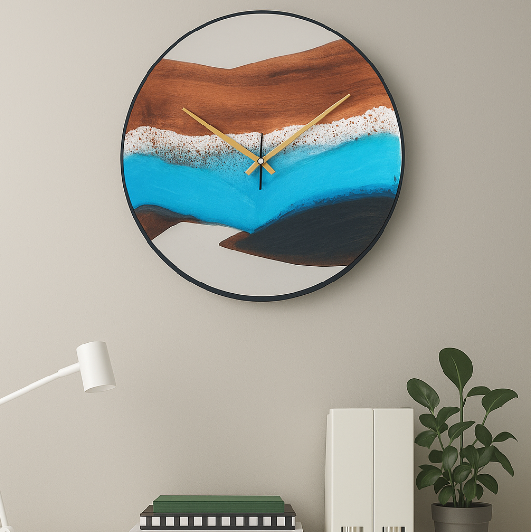 Ocean-Themed Wooden Wall Clock – Acacia Wood & Resin Elegance