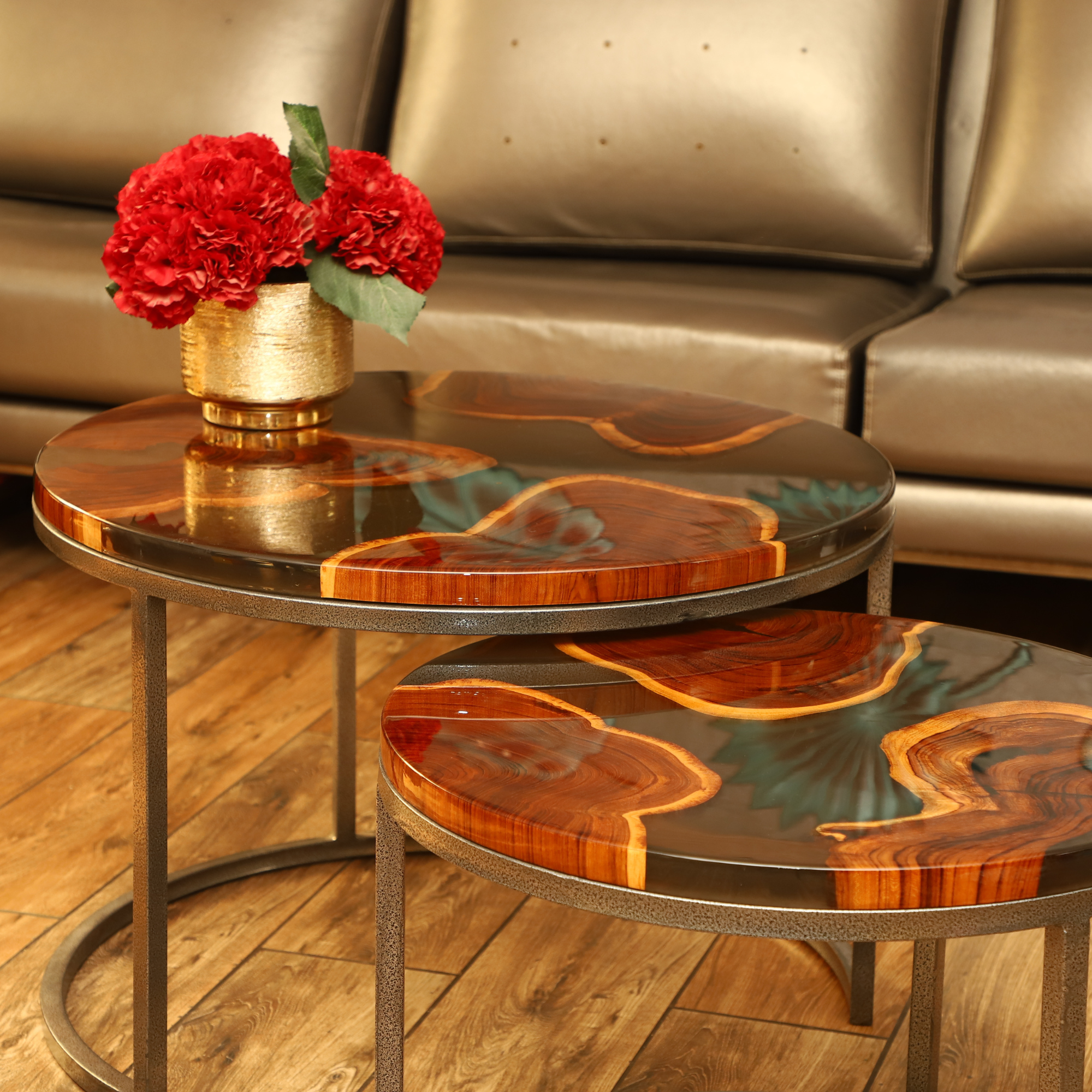 Nesting Table Set of 2 – Teak Wood with Round Grey