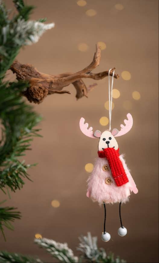 Pink Reindeer Doll Hanging Ornament with Red Scarf_CC19