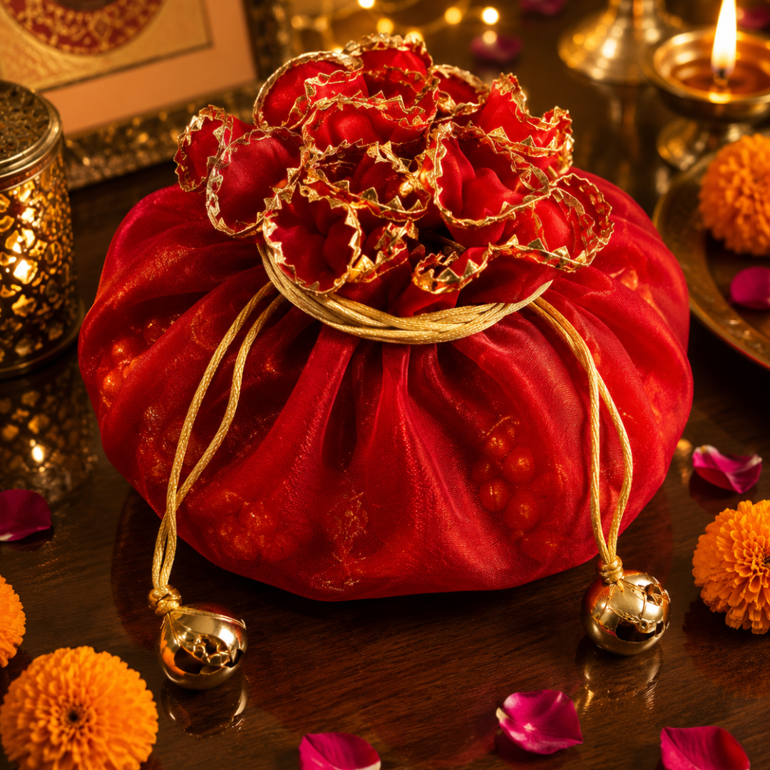 Utsav Jute Net Festive Gift Basket | Red Potli, Pomegranate & Soy Wax Candle - https://artecasa.in/