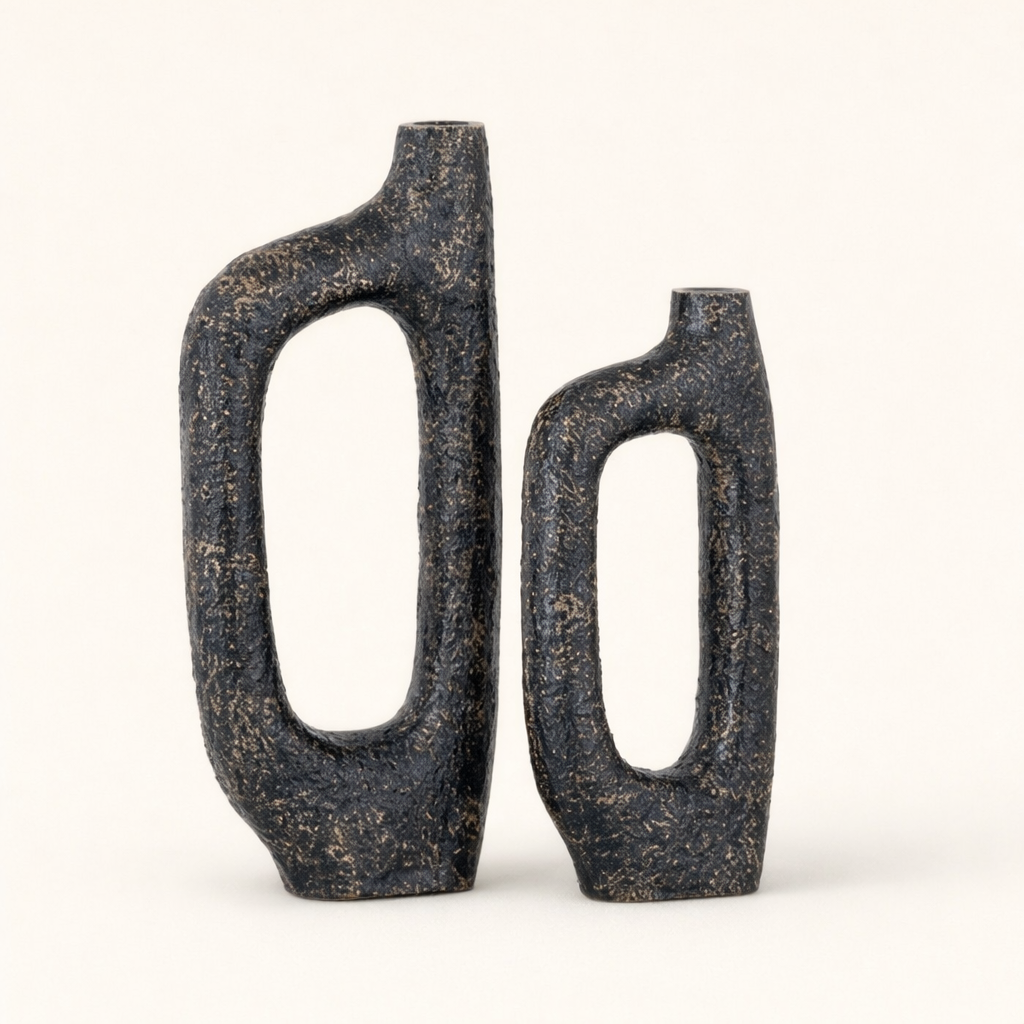 Bugle Back Sculptural Aluminum Vase Set – Textured Decorative Vases (Set of 2)