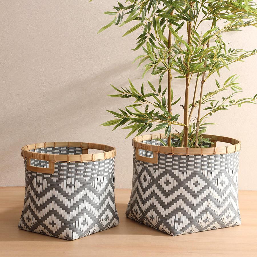 Round storage bin grey white
