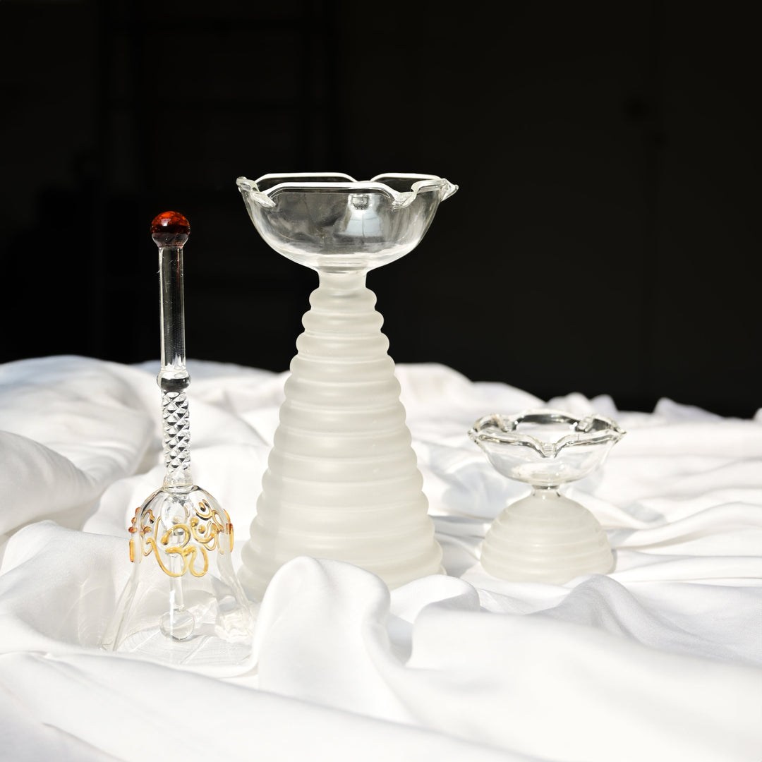 Muun Glass Puja Bundle - Tall Diya + Short Diya + Bell