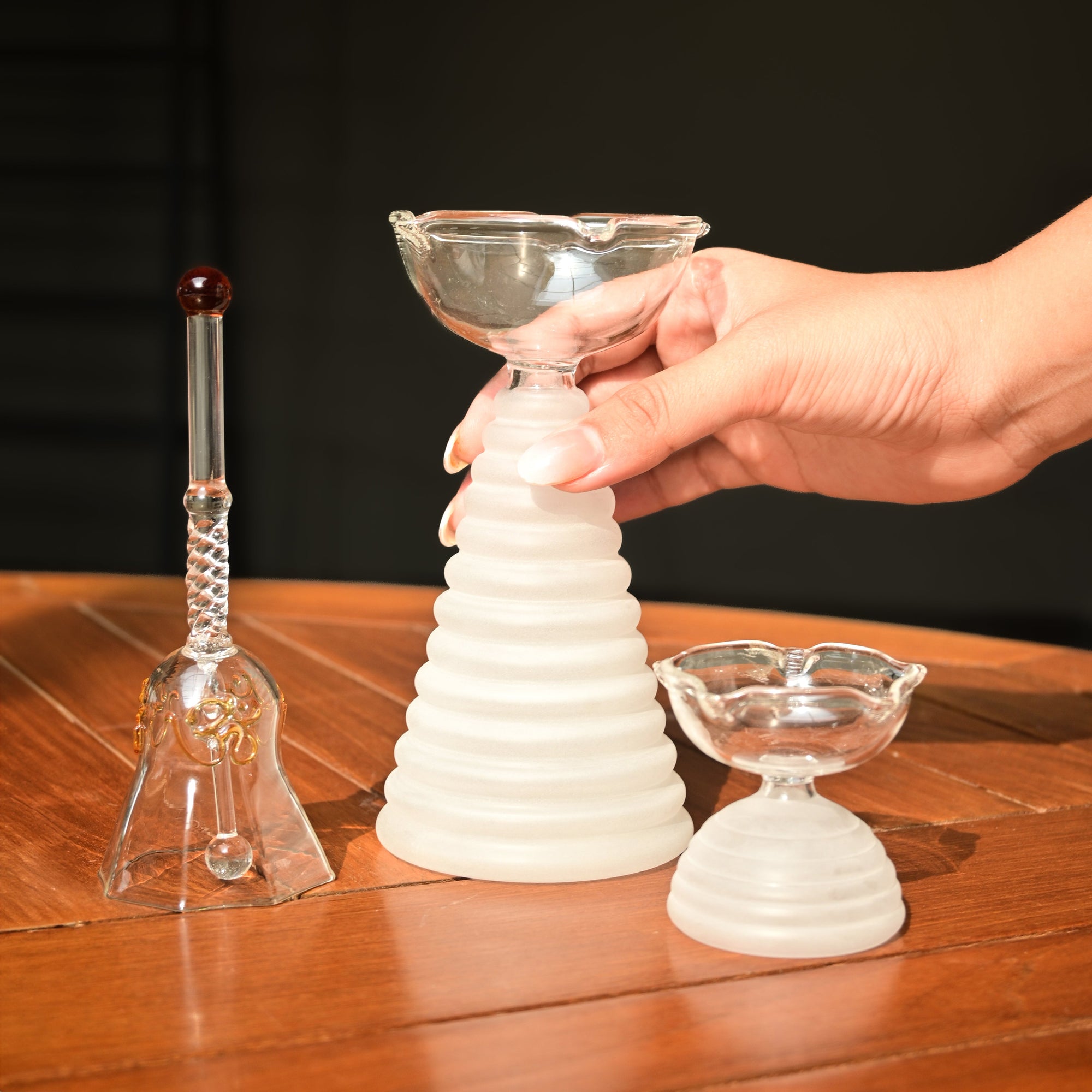 Muun Glass Puja Bundle - Tall Diya + Short Diya + Bell