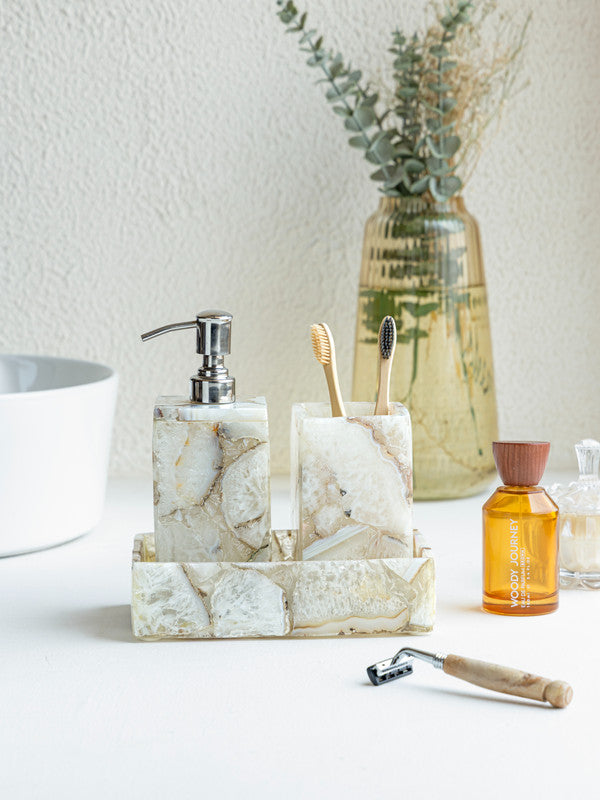 White Agate Bathroom Set includes Soap Dispenser Toothbrush Holder and Towel Tray Set of 3