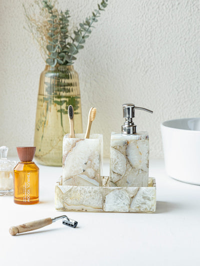White Agate Bathroom Set includes Soap Dispenser Toothbrush Holder and Towel Tray Set of 3