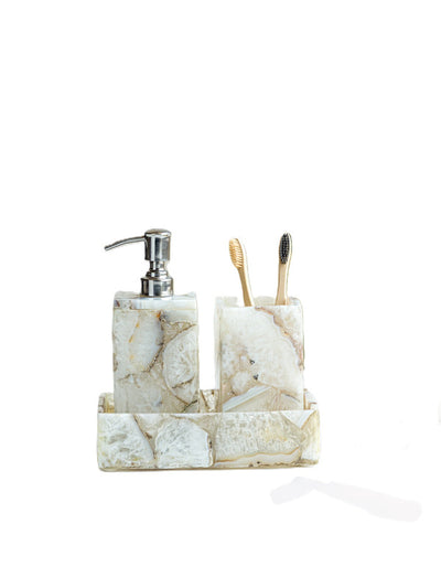 White Agate Bathroom Set includes Soap Dispenser Toothbrush Holder and Towel Tray Set of 3
