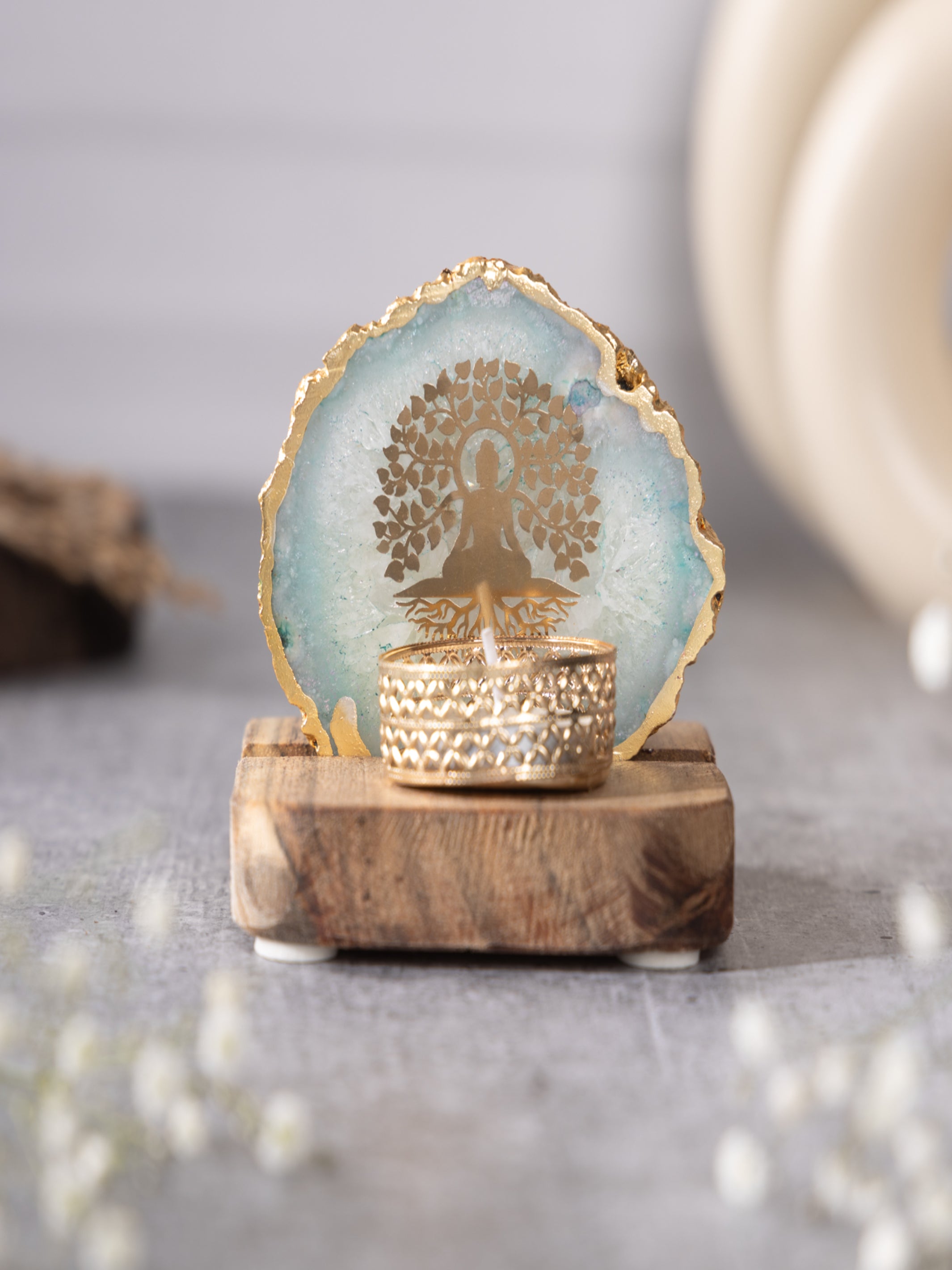 Budha Tree Agate Tealight Wooden