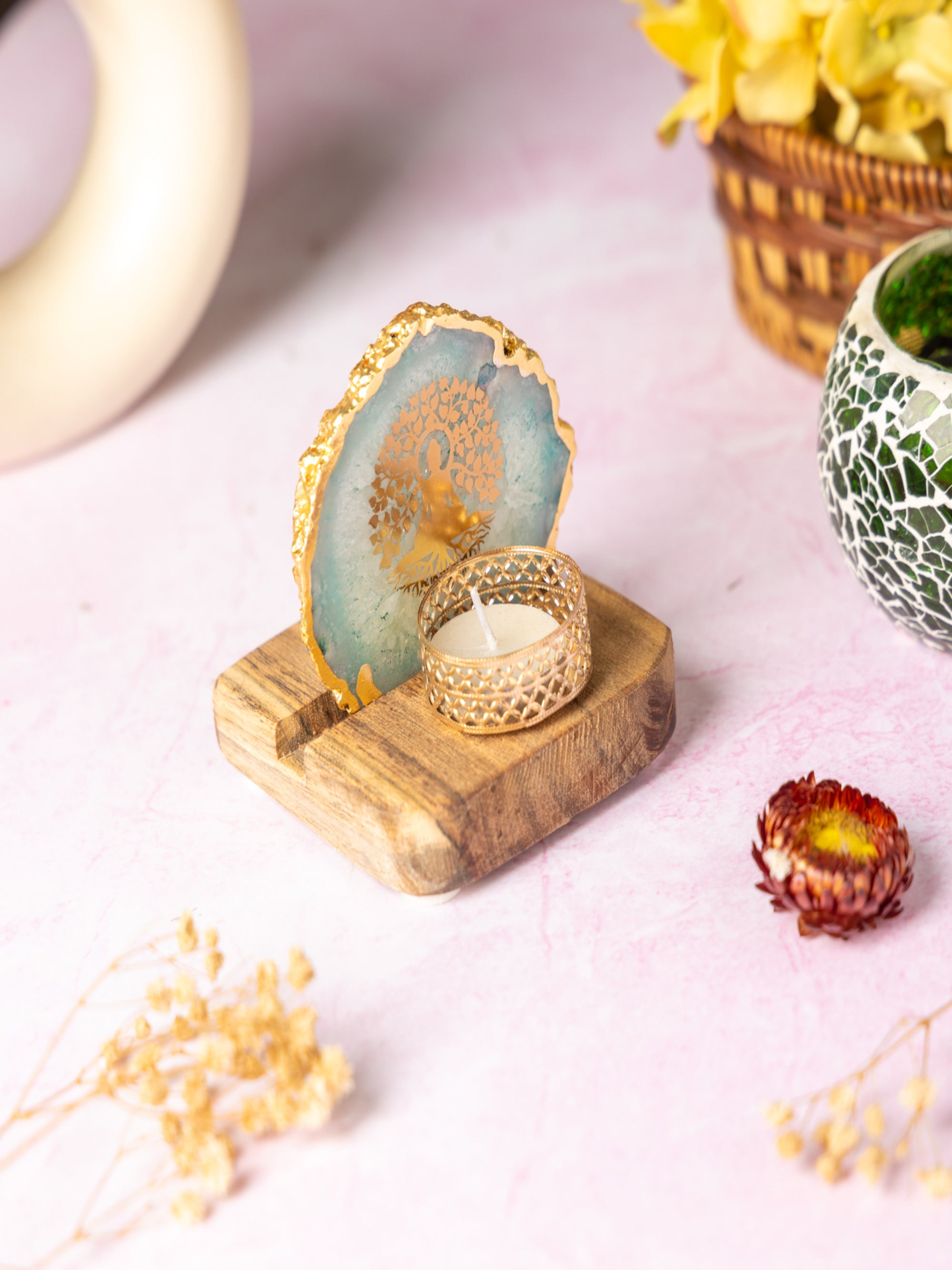 Budha Tree Agate Tealight Wooden
