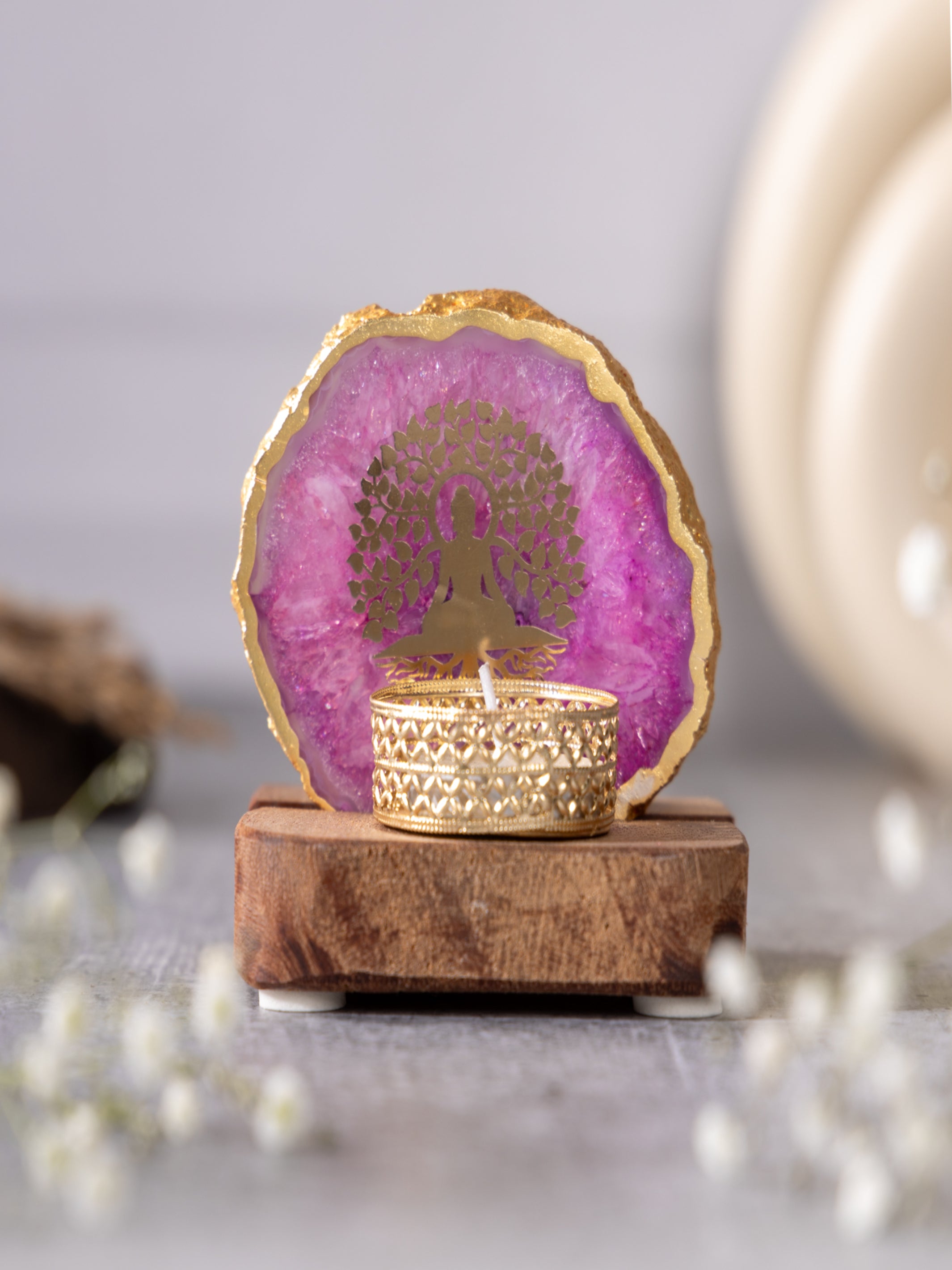 Budha Tree Agate Tealight Wooden
