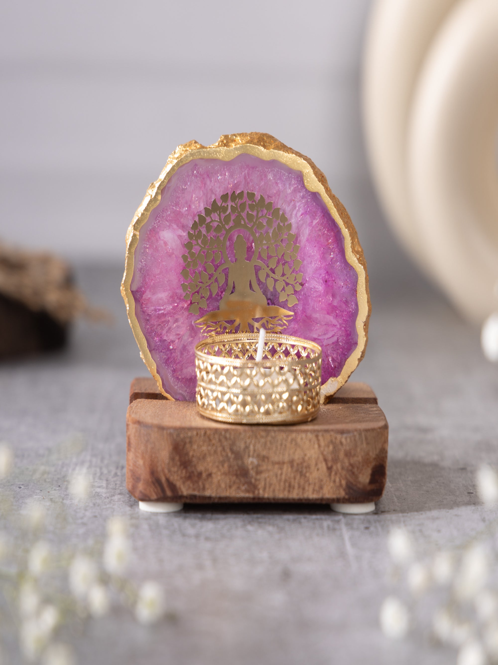 Budha Tree Agate Tealight Wooden